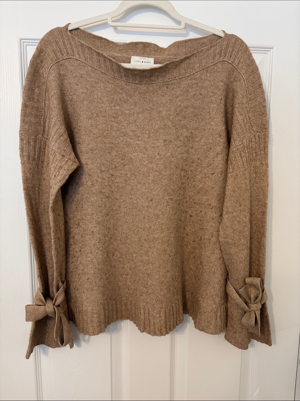 Lucky Brand Taupe Bow-Cuff Scoop Neck Sweater